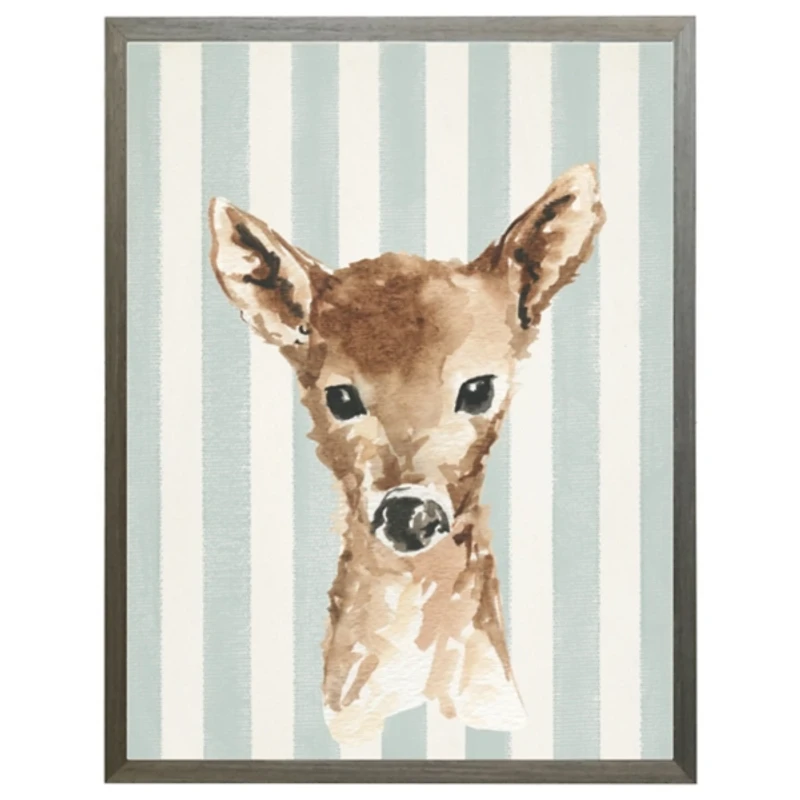 Baby Deer on Blue Stripes Kids Framed Art Print