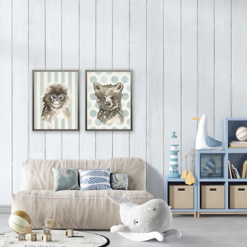 Monkey on Blue Stripes Kids Framed Art Print