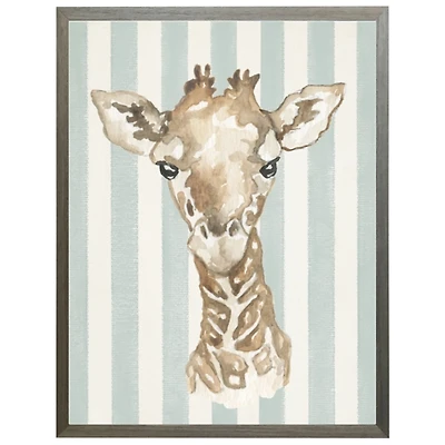 Giraffe on Blue Stripes Kids Framed Art Print