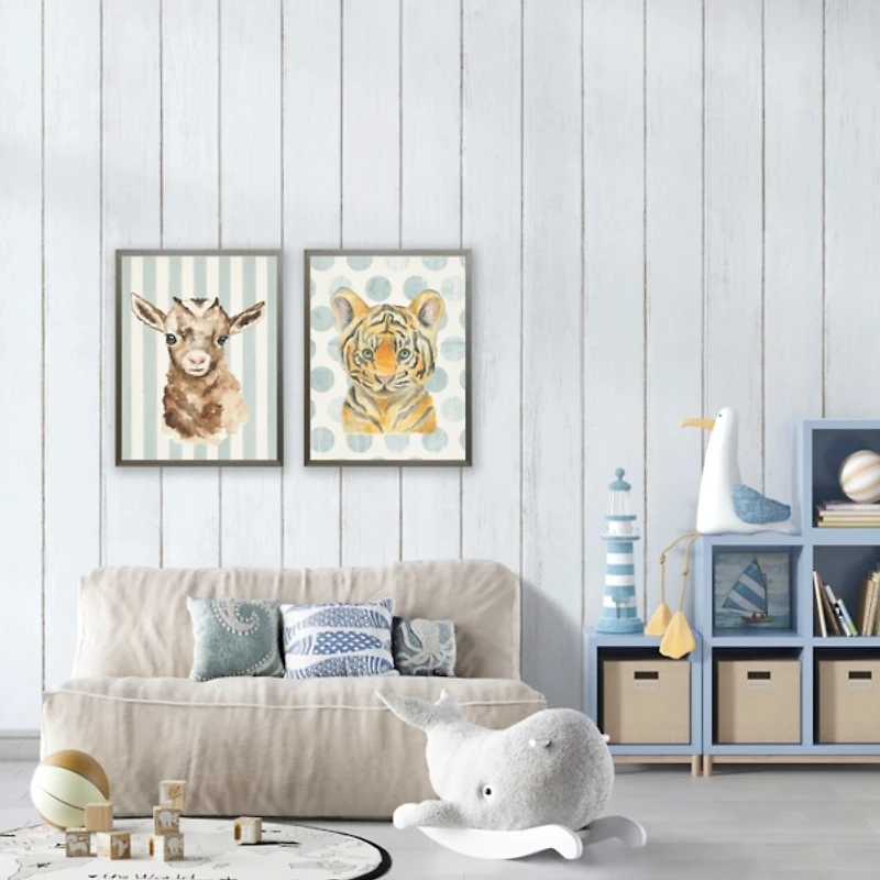 Goat on Blue Stripes Kids Framed Art Print