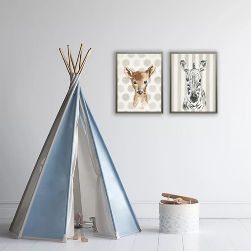 Baby Deer on Gray Polka Dots Framed Art Print