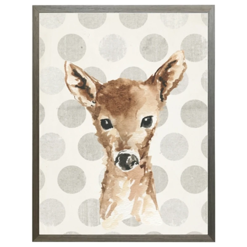 Baby Deer on Gray Polka Dots Framed Art Print