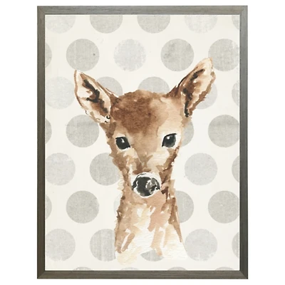 Baby Deer on Gray Polka Dots Framed Art Print