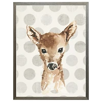 Baby Deer on Gray Polka Dots Framed Art Print