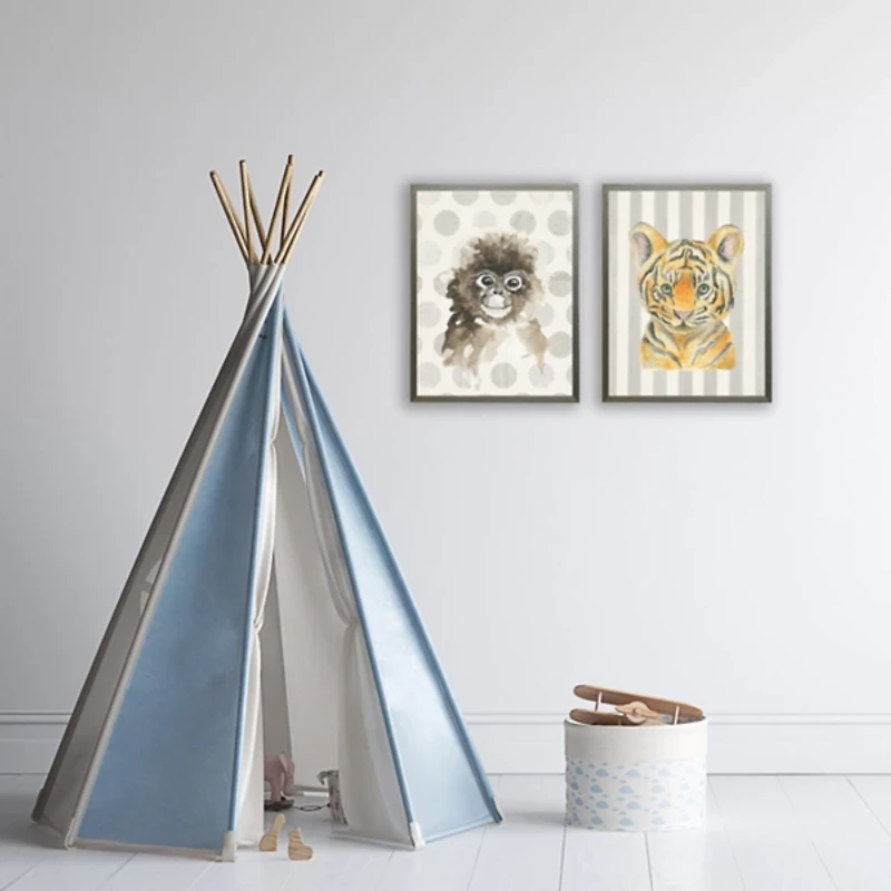 Monkey on Gray Polka Dots Framed Art Print