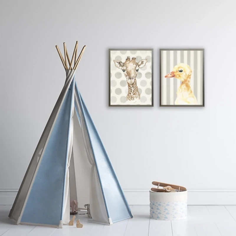 Giraffe on Gray Polka Dots Framed Art Print