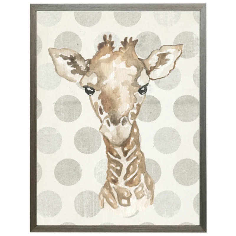 Giraffe on Gray Polka Dots Framed Art Print