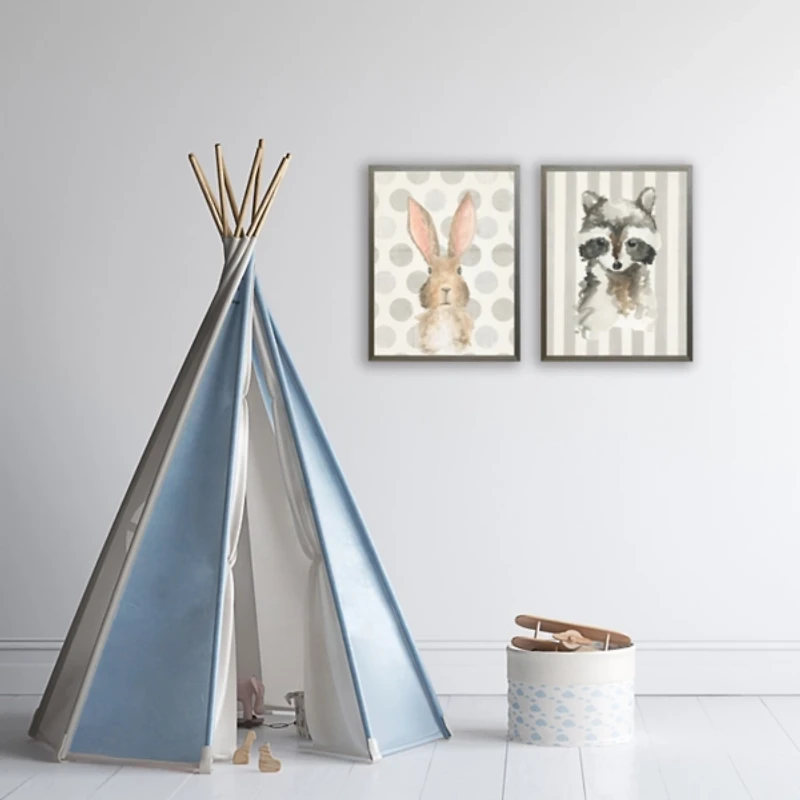 Racoon on Gray Stripes Kids Framed Art Print