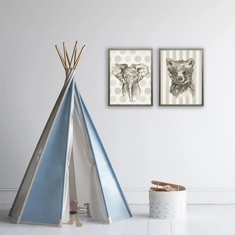 Baby Bear on Gray Stripes Kids Framed Art Print