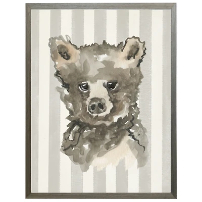 Baby Bear on Gray Stripes Kids Framed Art Print