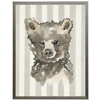 Baby Bear on Gray Stripes Kids Framed Art Print