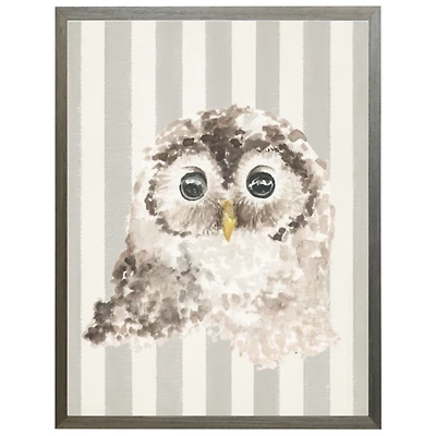 Owl on Gray Stripes Kids Framed Art Print