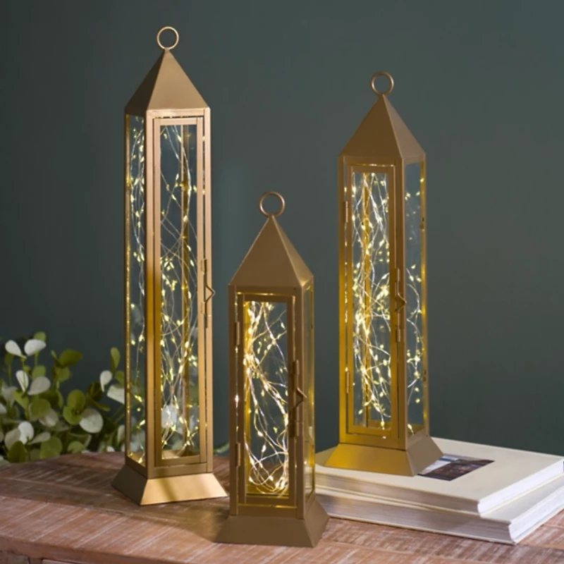 Pre-Lit Gold Metal Twinkle Lights Lantern, 18 in.