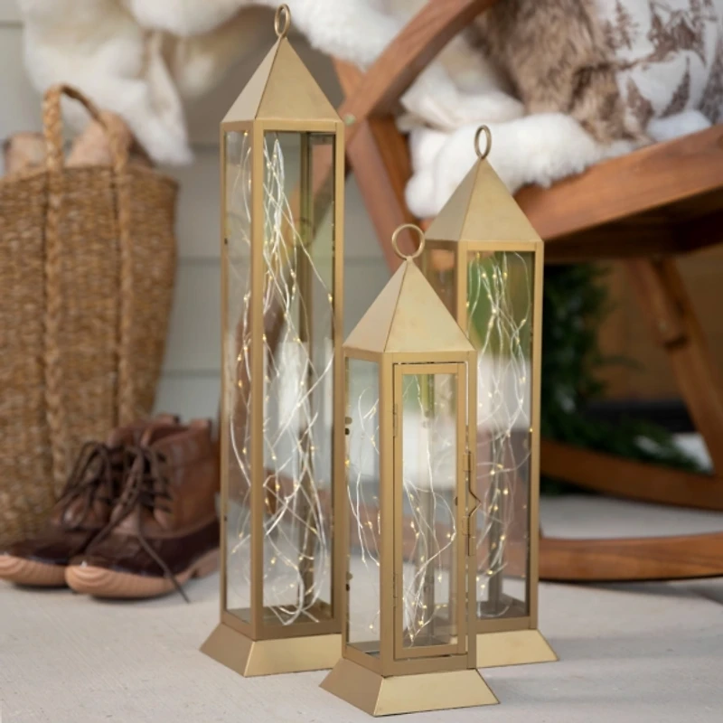 Pre-Lit Gold Metal Twinkle Lights Lantern, 22 in.