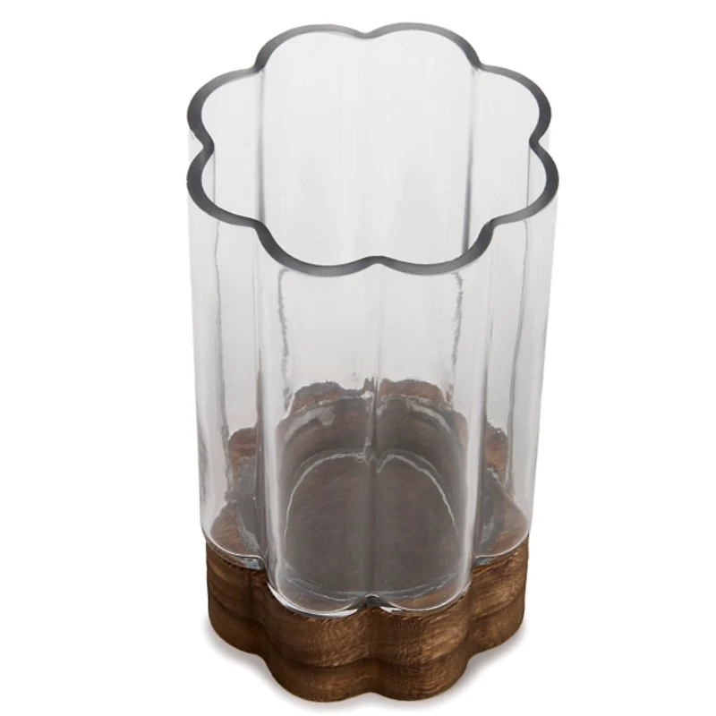 Scalloped Glass Hurricane with Wood Base