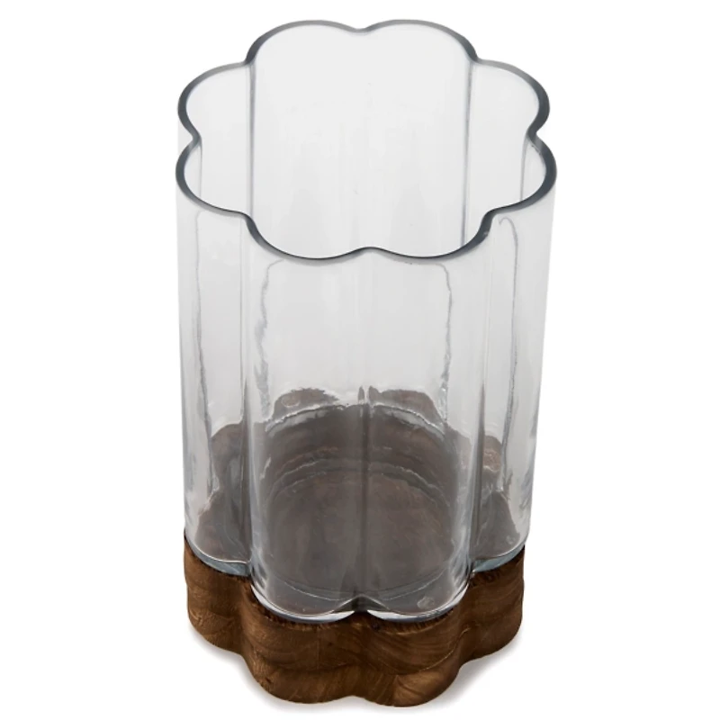 Scalloped Glass Hurricane with Wood Base
