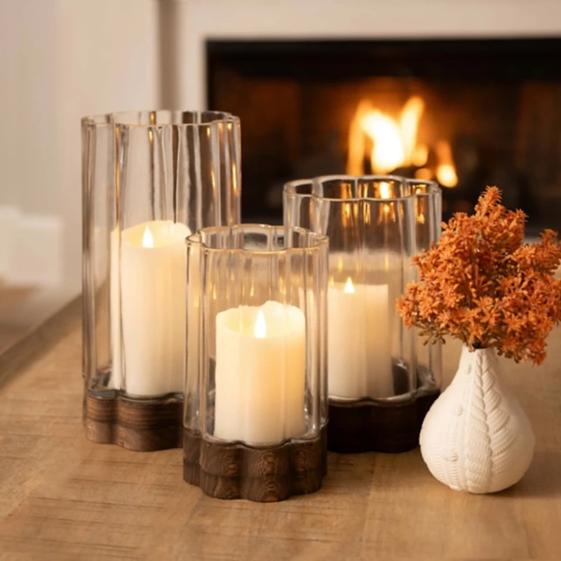 Scalloped Glass Hurricane with Wood Base, 12 in.