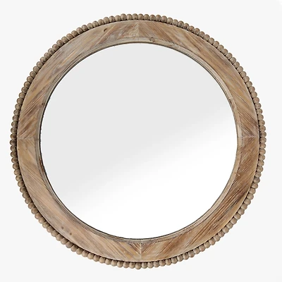 Round Natural Wood Beaded Trim Wall Mirror