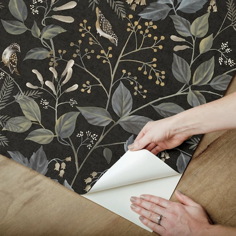 Black Botanical Pattern Peel and Stick Wallpaper
