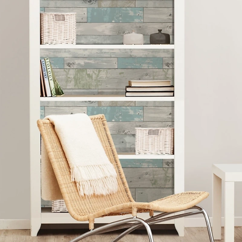Aqua Beachwood Peel and Stick Wallpaper