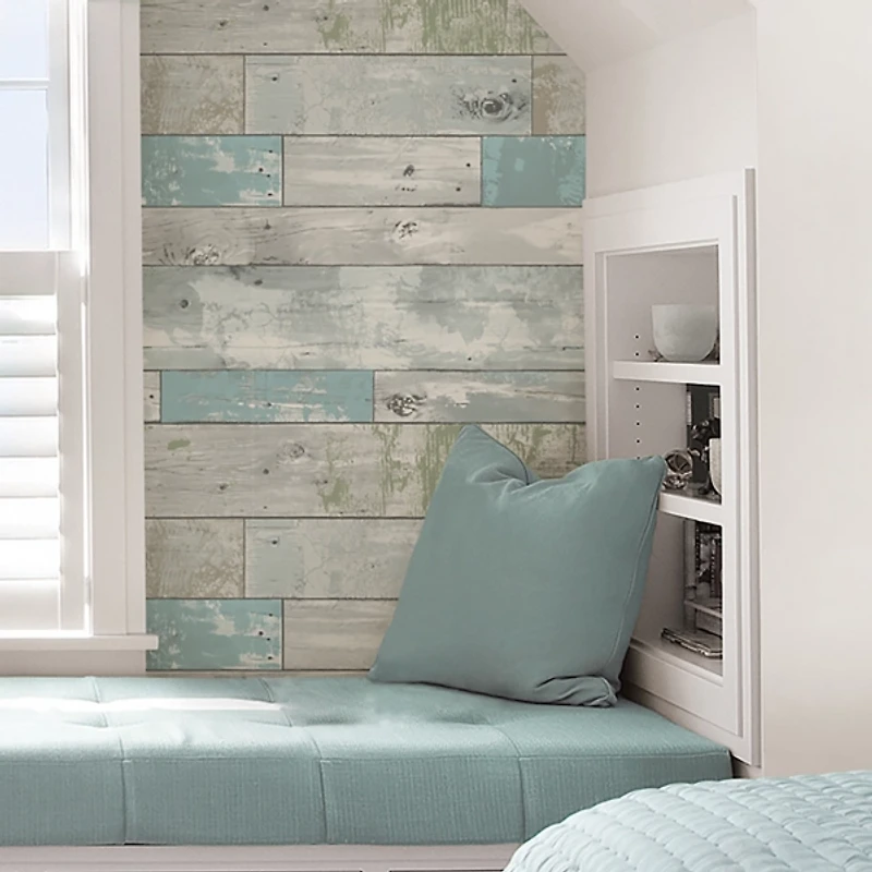 Aqua Beachwood Peel and Stick Wallpaper