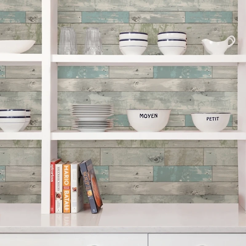Aqua Beachwood Peel and Stick Wallpaper