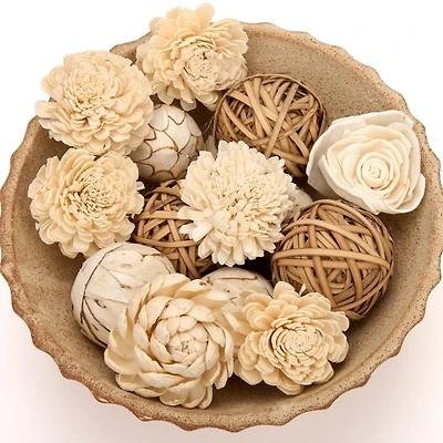 Cream and Natural Rattan Floral Orb Bag