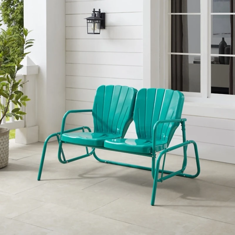 Turquoise Metal Clamshell Loveseat Glider