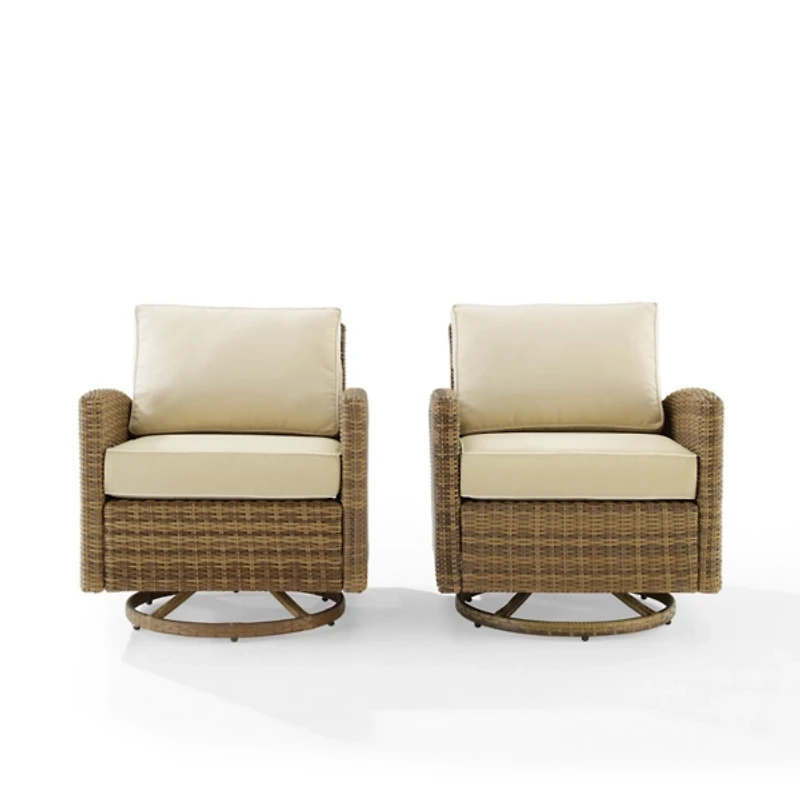 Beige Upholstered Wicker Swivel Rockers, Set of 2