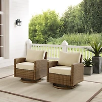 Beige Upholstered Wicker Swivel Rockers, Set of 2
