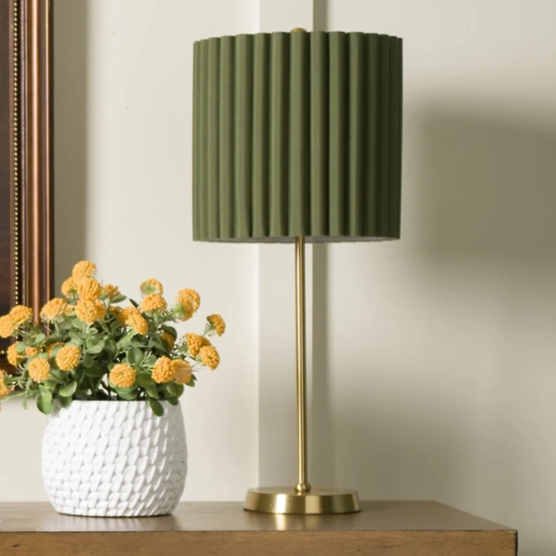 Gold Stick Lamp with Green Scalloped Shade