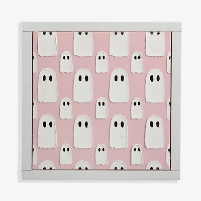 Pink Stucco Ghosts Halloween Wood Block