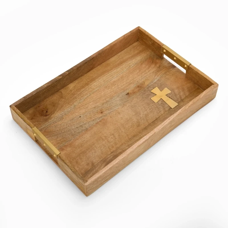 Gold Cross Rectangular Wood Tray