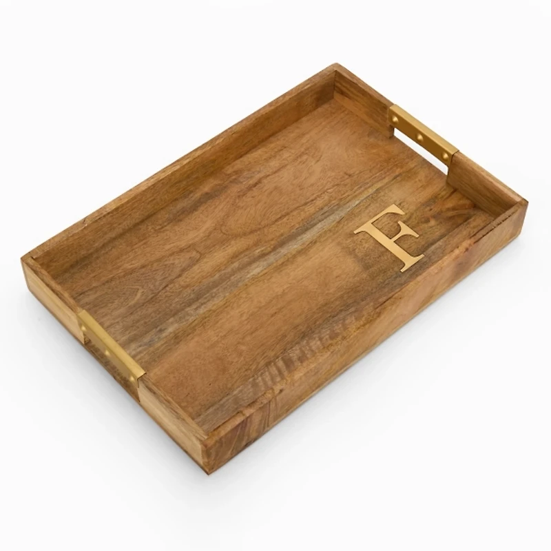 Gold Monogram F Rectangular Wood Tray