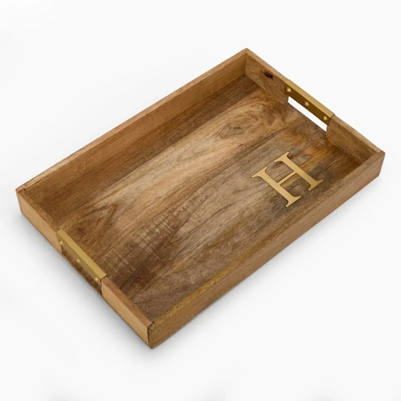 Gold Monogram H Rectangular Wood Tray