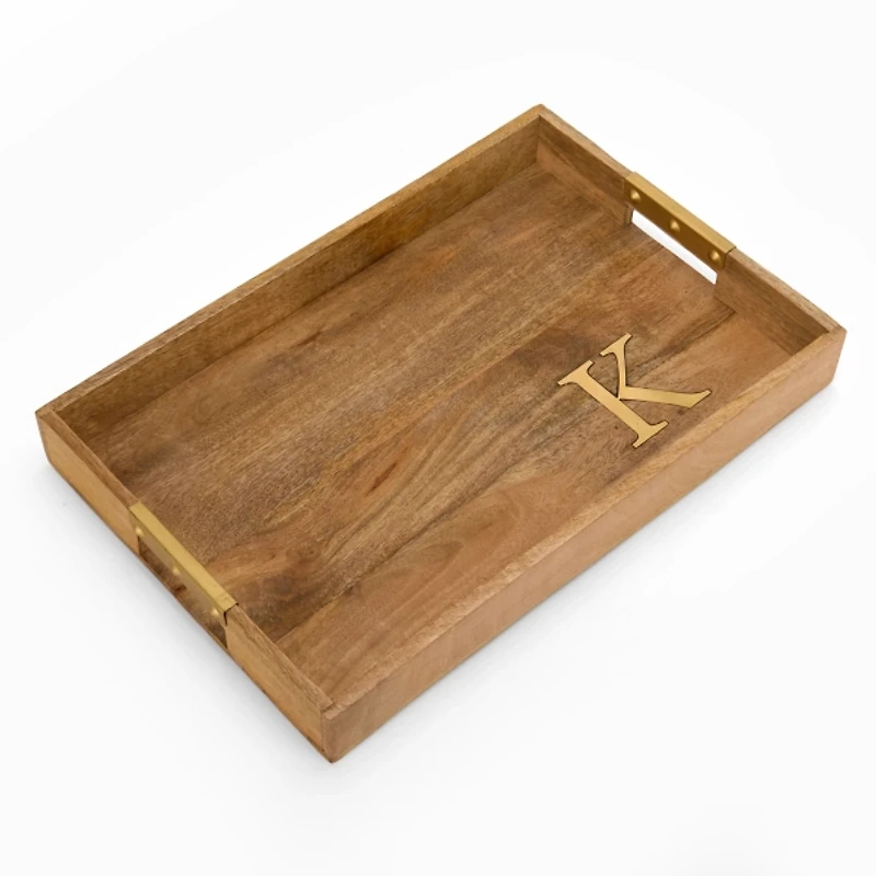Gold Monogram K Rectangular Wood Tray