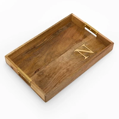 Gold Monogram N Rectangular Wood Tray
