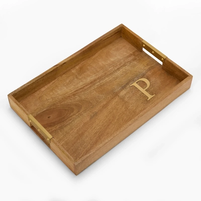 Gold Monogram P Rectangular Wood Tray