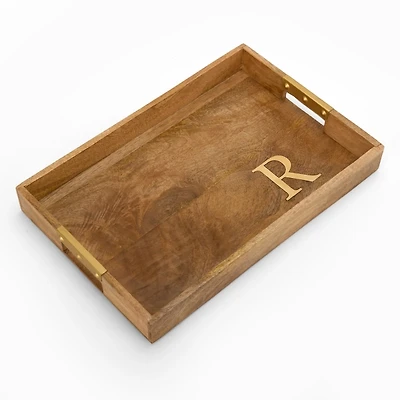 Gold Monogram R Rectangular Wood Tray