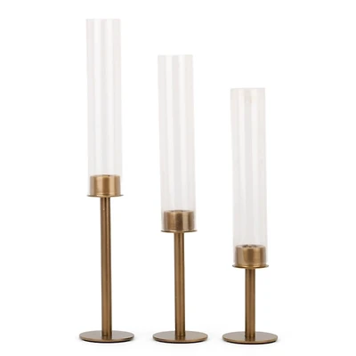 Glass & Gold Metal Taper Candle Holders, Set of 3