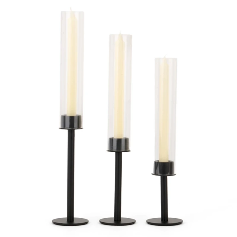 Glass & Black Metal Taper Candle Holders, Set of 3