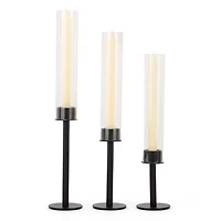 Glass & Black Metal Taper Candle Holders, Set of 3
