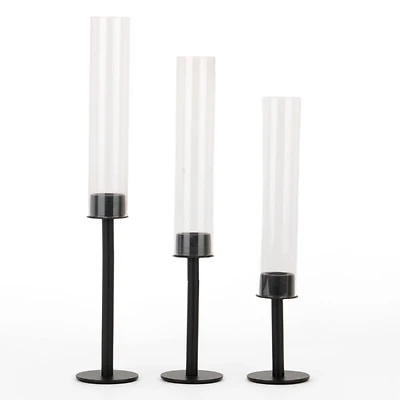 Glass & Black Metal Taper Candle Holders, Set of 3