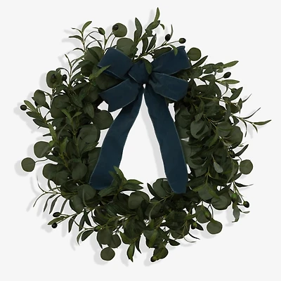 Olive Eucalyptus Wreath with Blue Velvet Bow