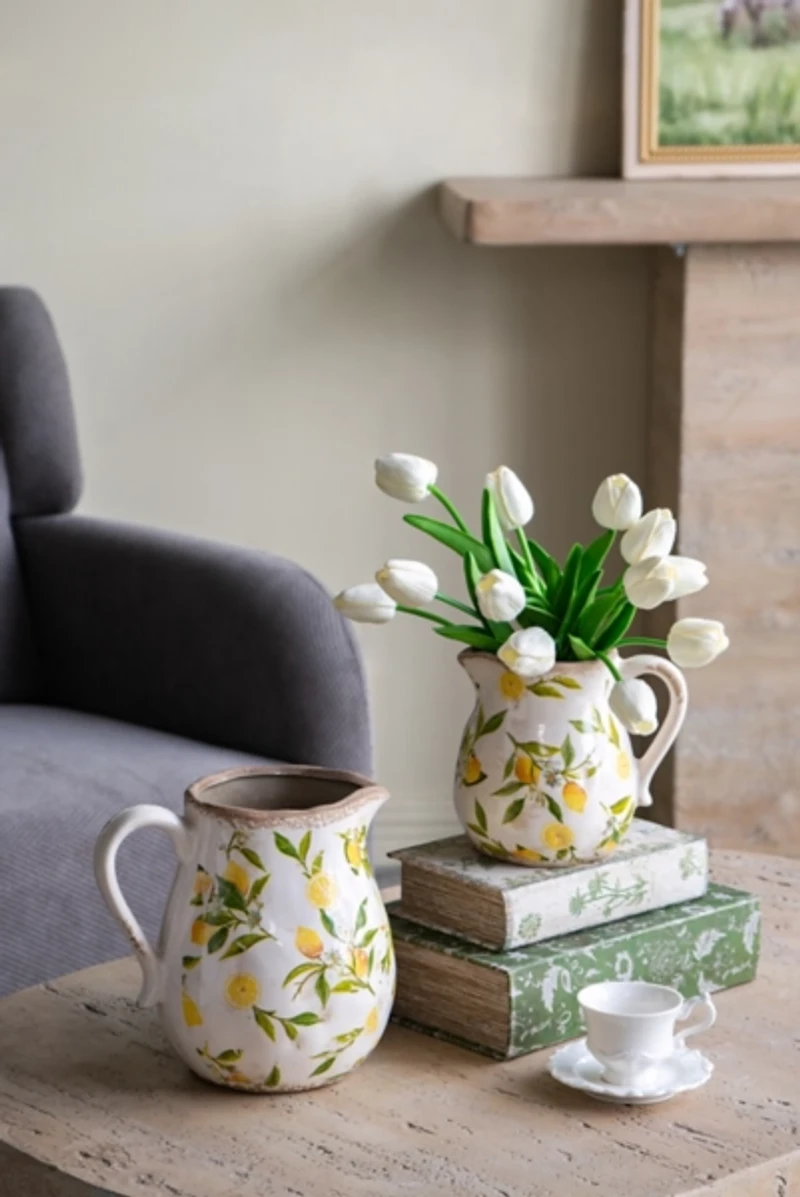 Antique White Ceramic Lemon Branch Pitcher Vase