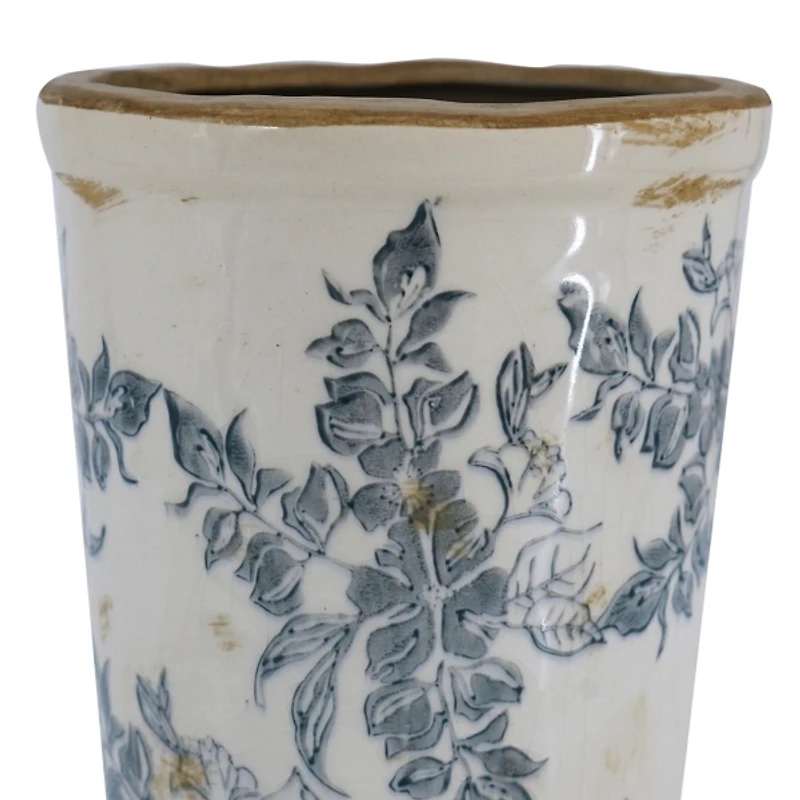 Antique Gray & Ivory Floral Ceramic Vase