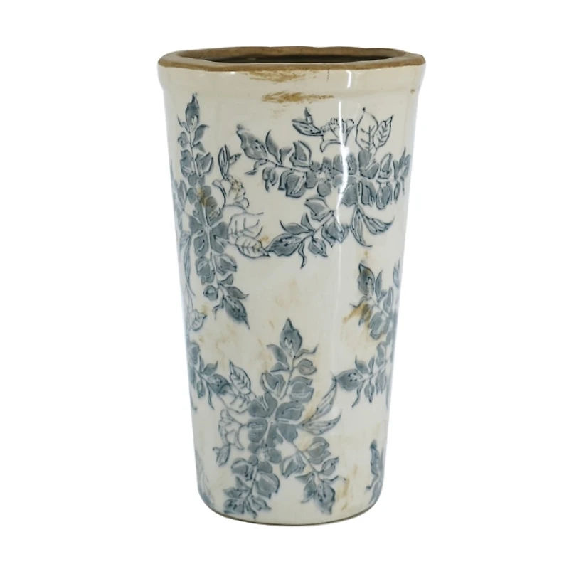 Antique Gray & Ivory Floral Ceramic Vase