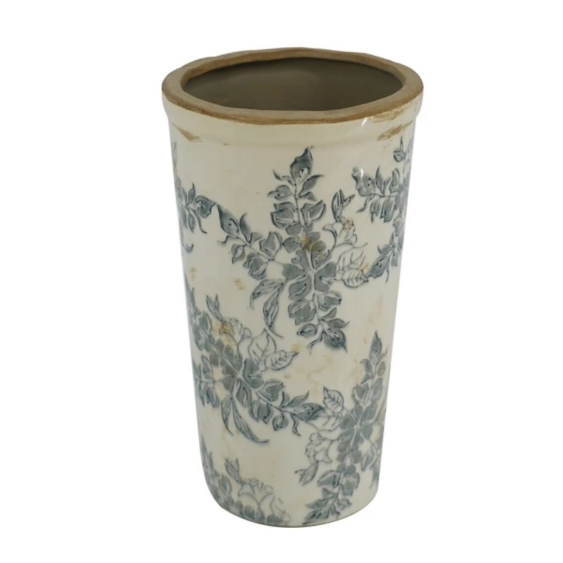Antique Gray & Ivory Floral Ceramic Vase
