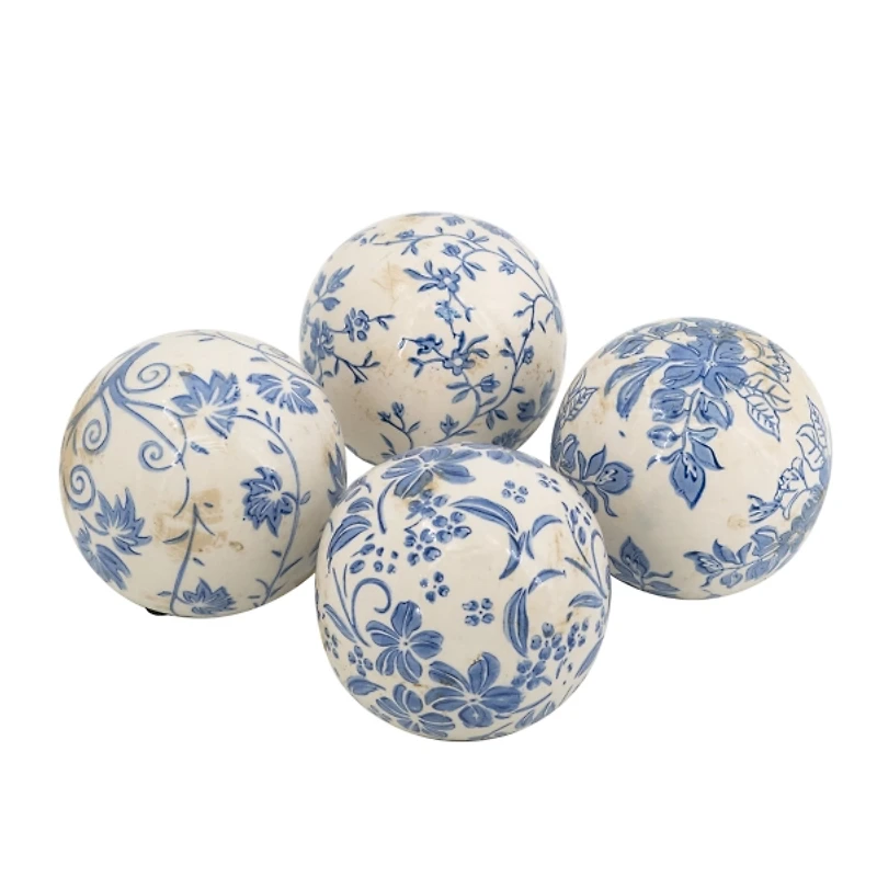 Blue & White Ceramic Orbs, Set of 4