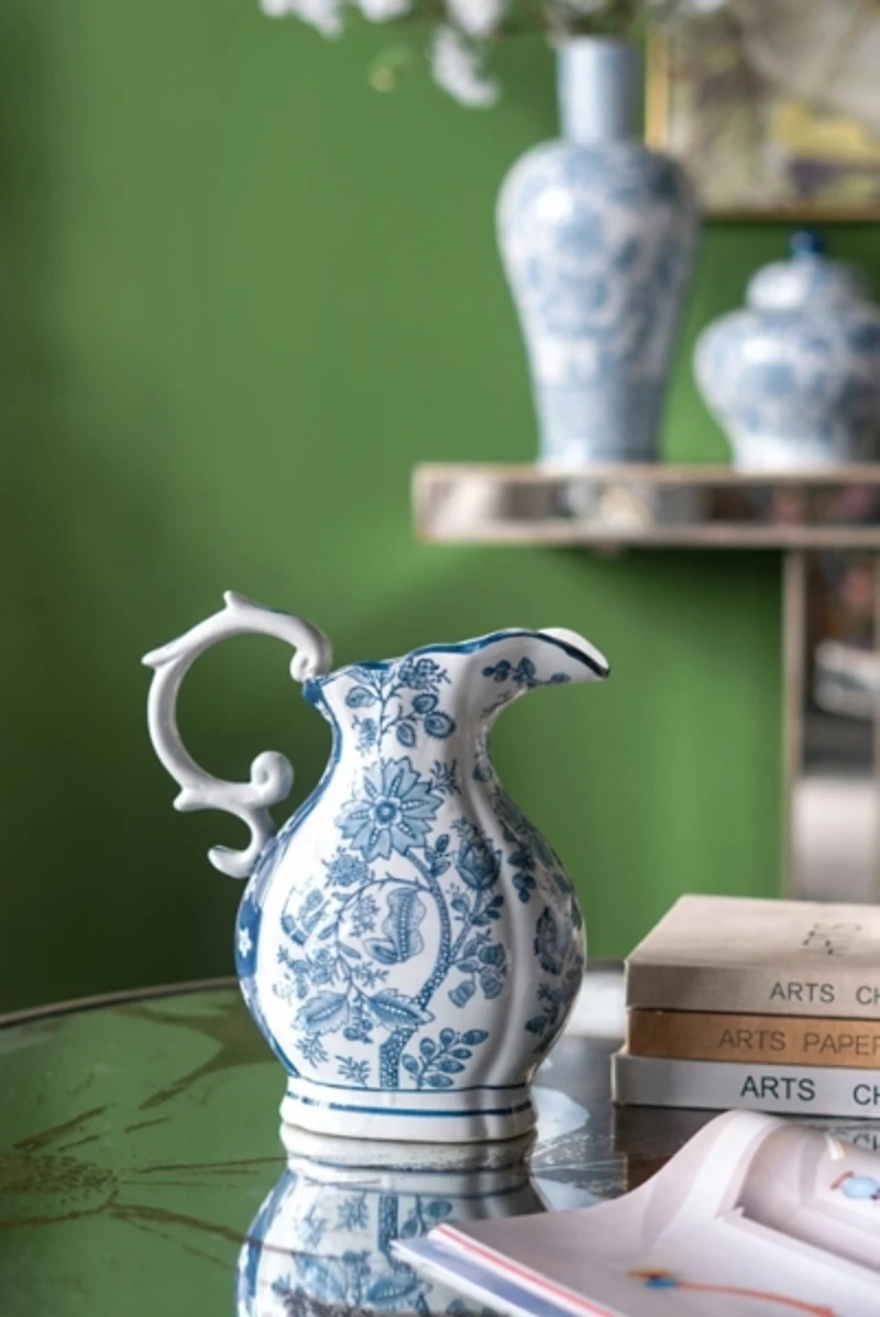 Blue Floral Porcelain Scroll Pitcher Vase